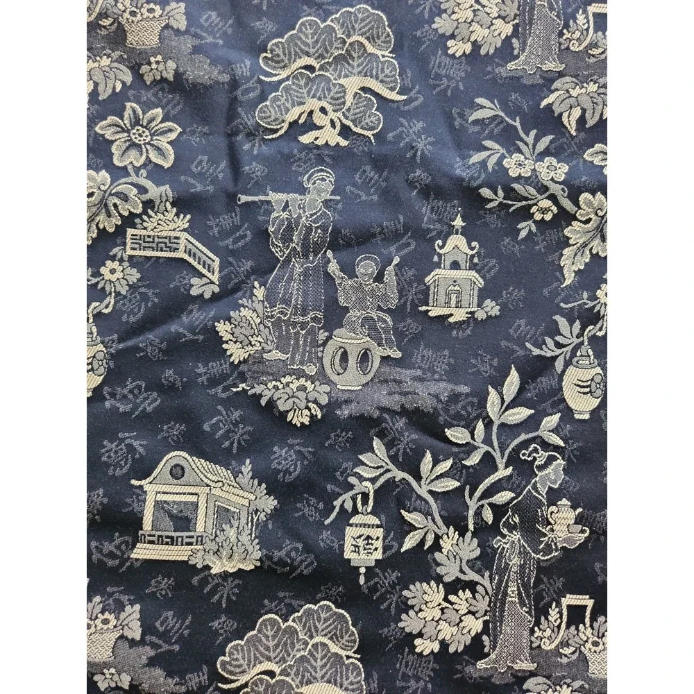 2+yds/Black Tan Chinoiserie Upholstery Damask Fabric Asian Pagodas Tea Service